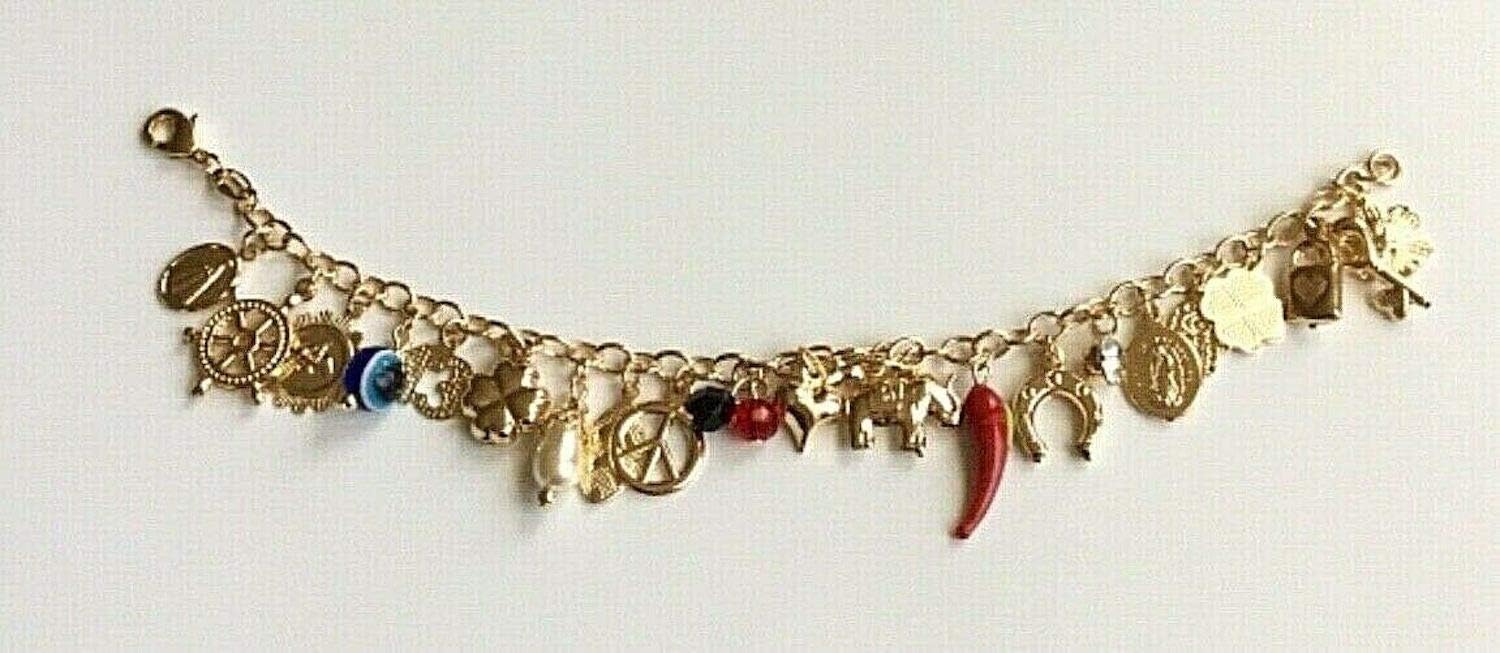 18K Gold Plated Charm Money Luck Italian Cornicello Horn Protection Bracelet- 7.25" Long #2