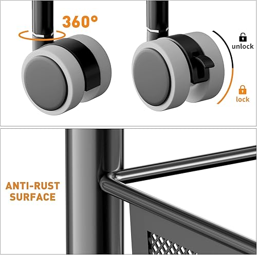 Miniatura 6 de Carrito de metal de 3 niveles con ruedas, con cestas, fácil de transportar y montar con práctico cubo y ganchos, negro MRC02B