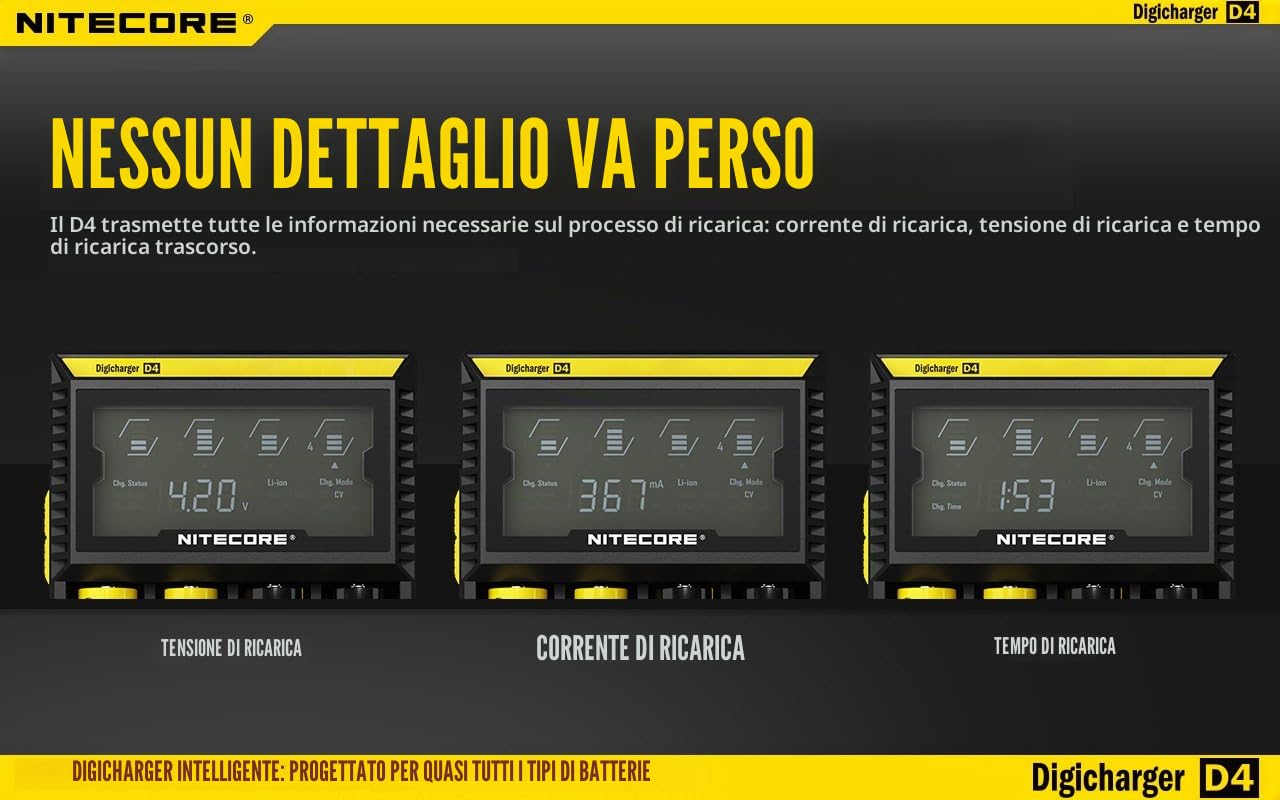 Nitecore - Caricabatterie Universale Digicharger D4 per Li-Ion, IMR, NiMH, Ni-CD, LiFePO4