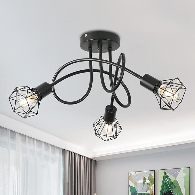 Industrial 3 Way Ceiling Light Chandelier Semi-Flush Mount E14 Base Black Metal Caged 3 Lights Ceiling Light Fixture for Bedroom Living Dining Room Hallway(Bulbs not Include)