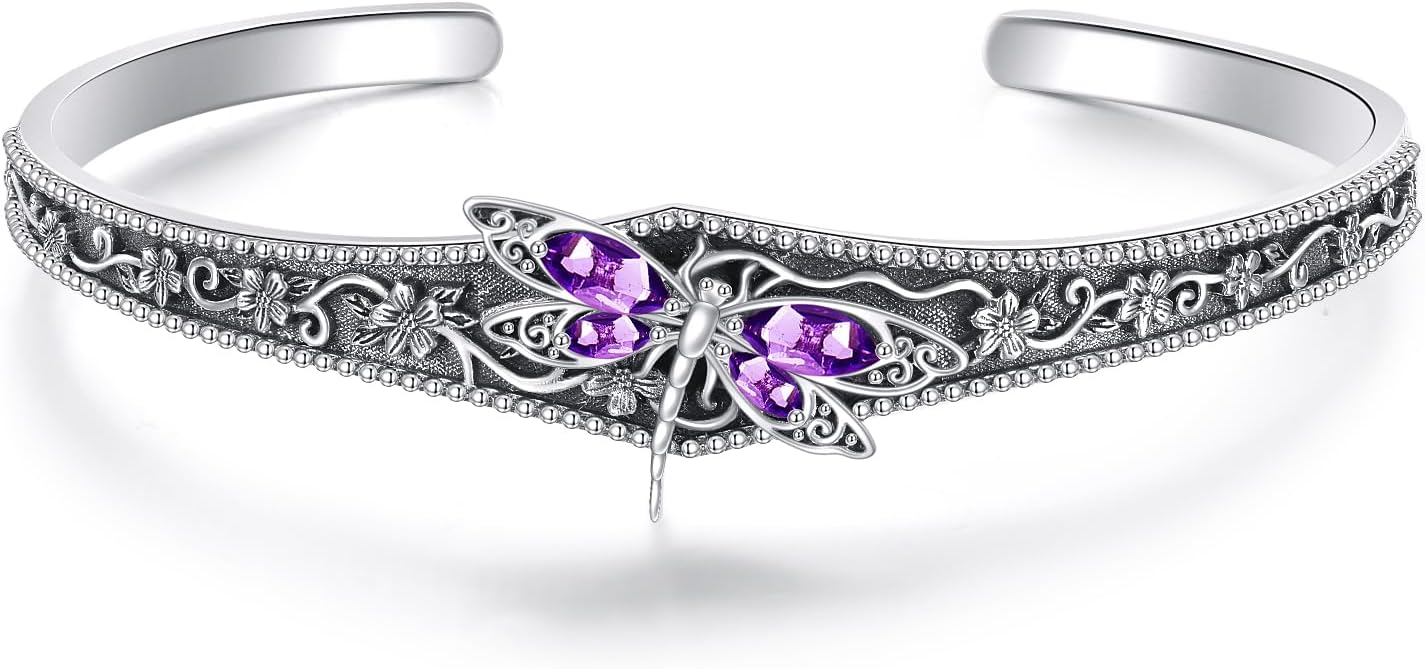 Genuine Amethyst Dragonfly Cuff Bracelet Sterling Silver Adjustable Bohemian Bangle, February Birthstone Gift for Her Purple Crystal Healing Jewelry