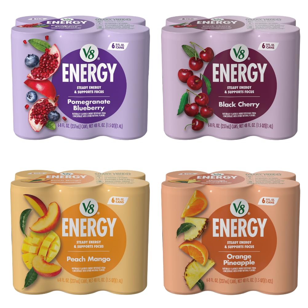 V8 +Energy Drink Variety Pack, Pomegranate Blueberry, Black Cherry, Orange Pineapple, Peach Mango, 8 Fl Oz (4 Packs of 6 Cans)