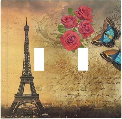 Vintage París Torre Eiffel Retro Rosa Mariposa 2 Gang Interruptor de luz de palanca doble cubierta decorativa eléctrica Placa de pared Romance