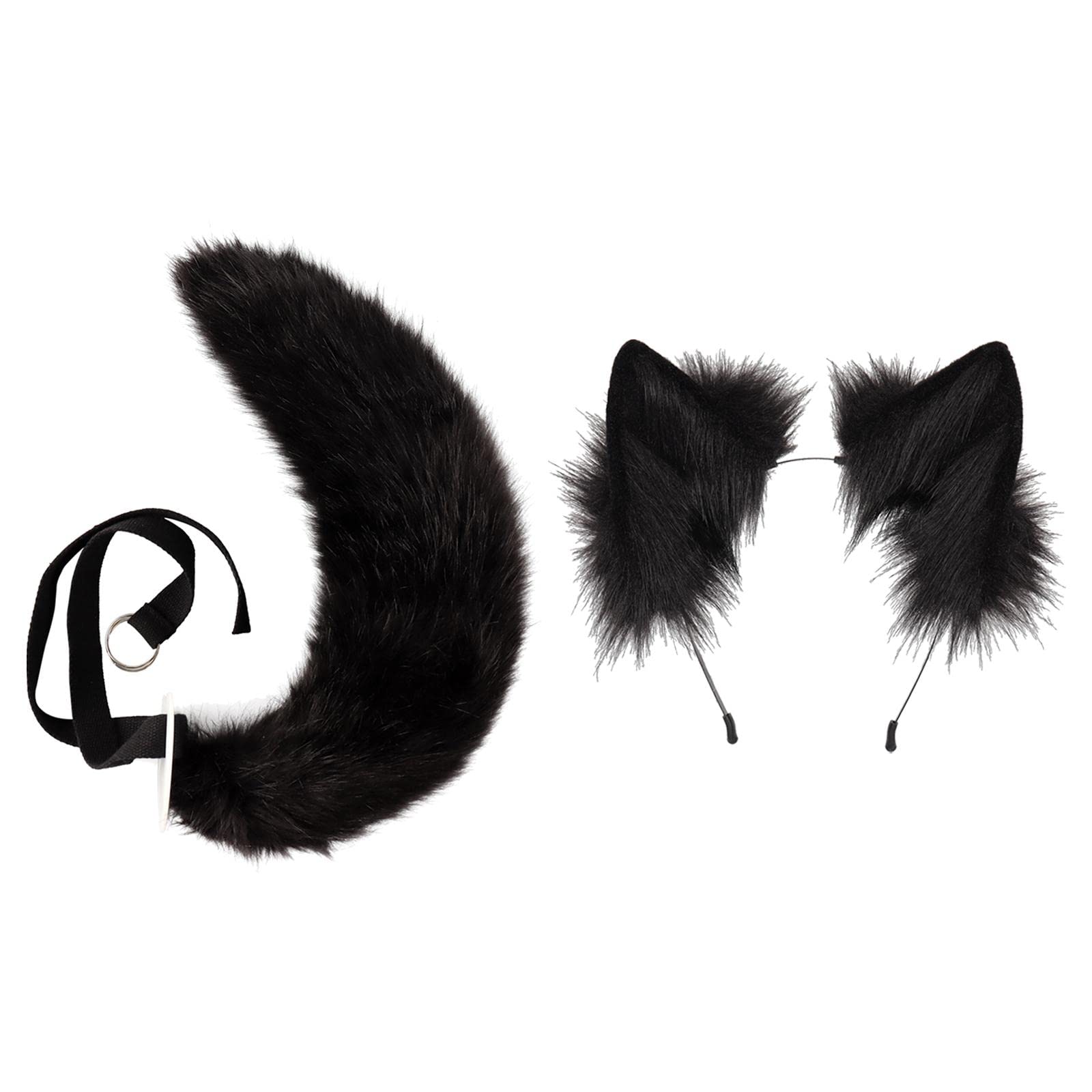 Cola de Gato de Peluche con Orejas Y Clip, Diadema de Orejas de Peluche, Conjunto de Cola para Accesorios de Disfraces de Fiesta de Halloween, Negro, Individual