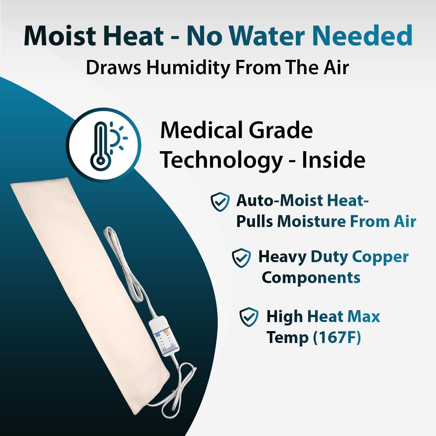 Thermotech heating pad illustrating its auto-moist heat technology, heavy-duty copper components, and high maximum temperature of 167°F