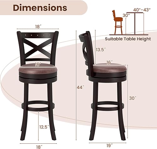 Miniatura 3 de Giantex Juego de 4 taburetes de bar giratorios de 30 pulgadas, taburetes de bar con respaldo, reposapiés y marco de madera de goma, asiento tapizado