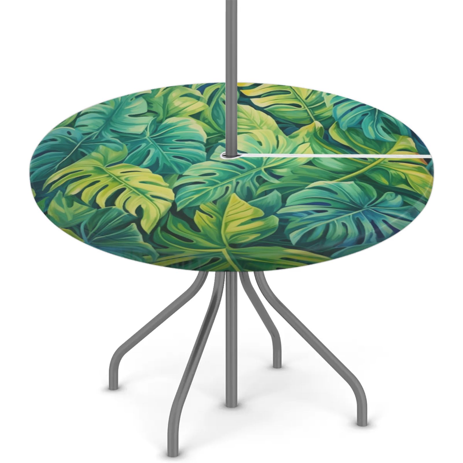 cfpolar Tropical Palm Leaves Outdoor Round Fitted Tablecloth with Elastic Edge, Waterproof Table Cover with Umbrella Hole Table Cloth, for Party