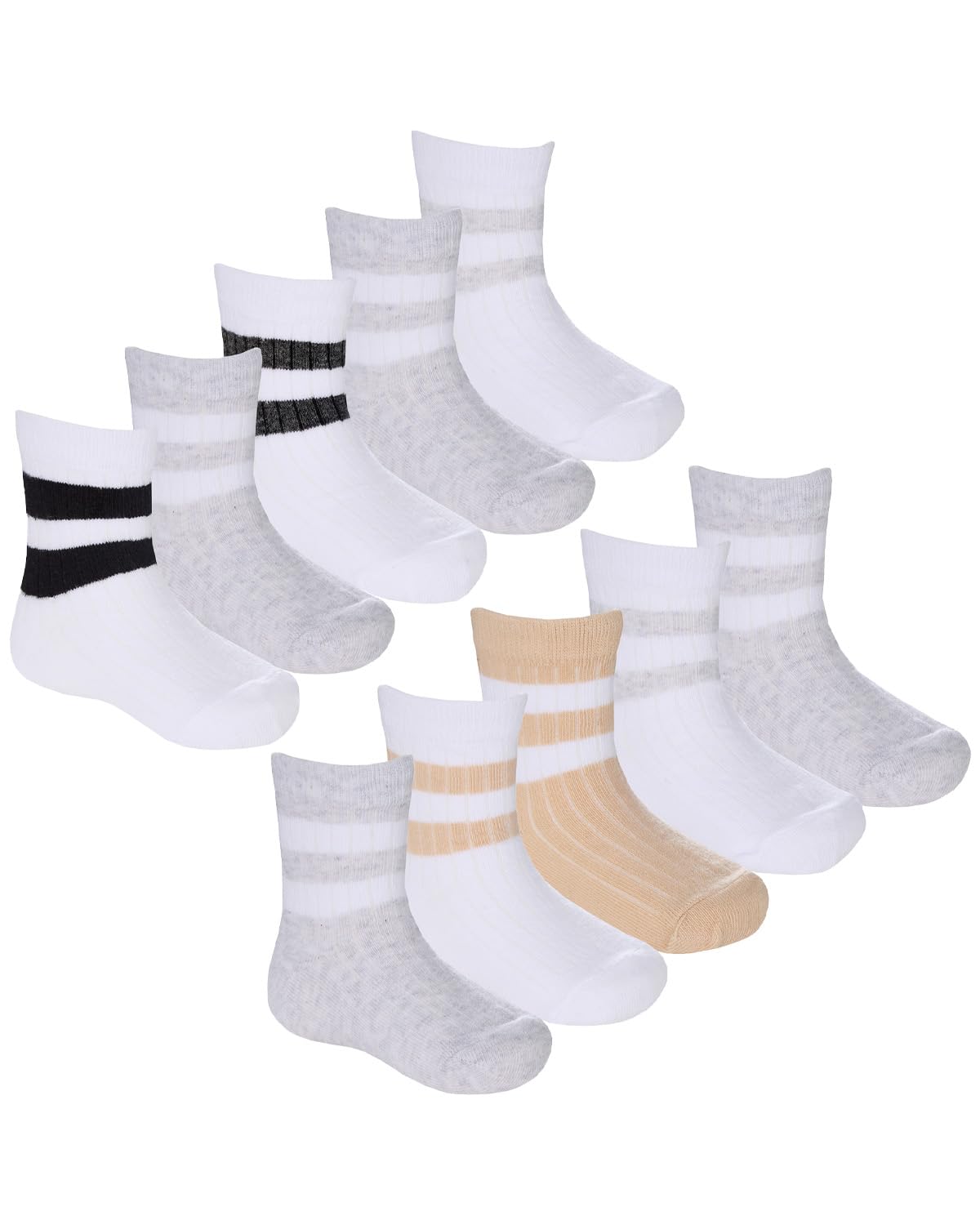 Slumber Hut 10 Pairs Baby Sports Socks 44B1013 Grey/White/Cream (1x Each) 3-5.5
