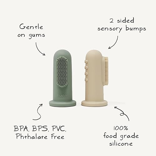 Vista 8 de mushie Cepillo de dientes para dedos de bebé (rubor/arena cambiante), paquete de 2