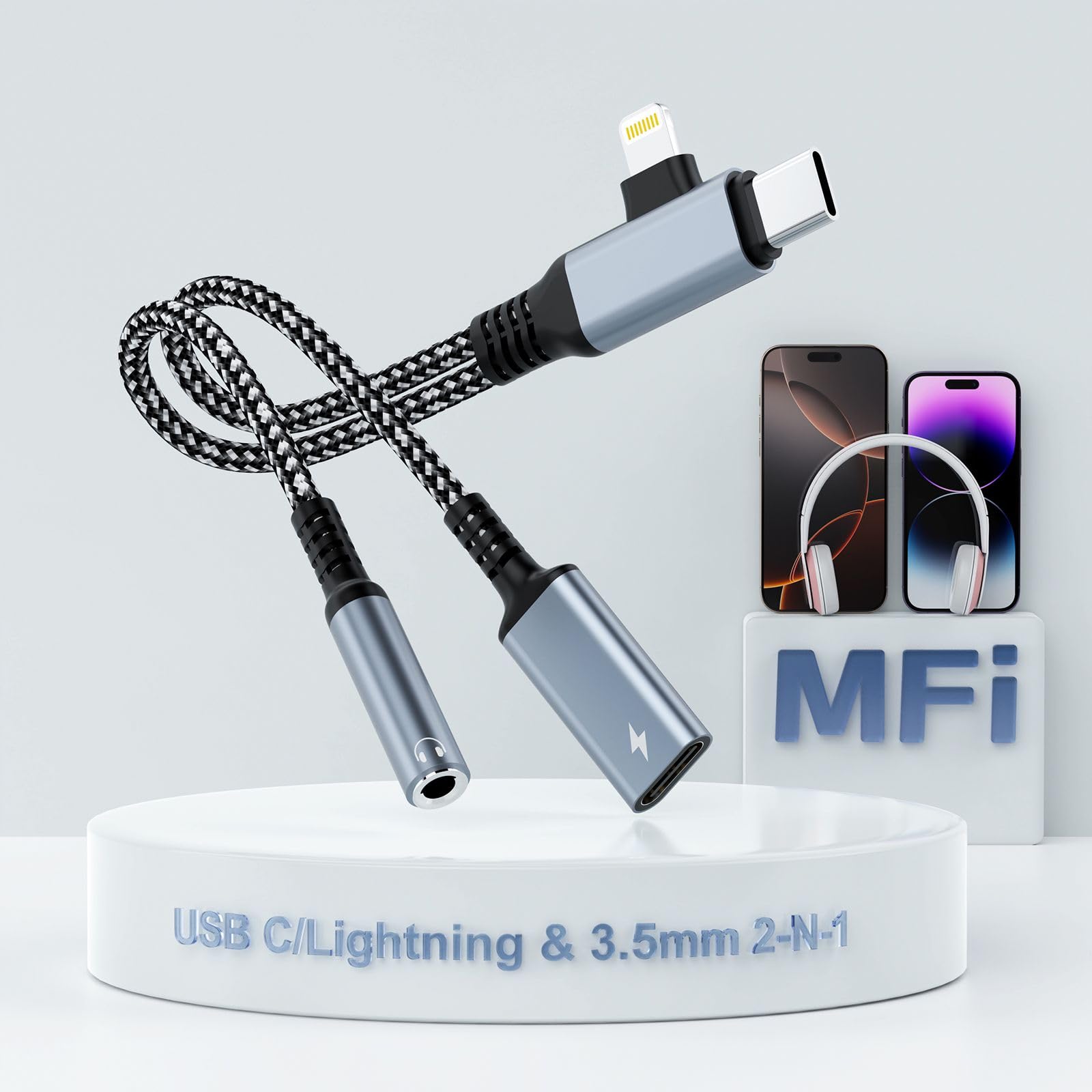 2 in-2 Lightning USBC to 3.5mm Headphone and Charger Adapter, [MFi Certified] USB C to Aux Audio Jack with PD 60W Fast Charging Dongle, Headphone