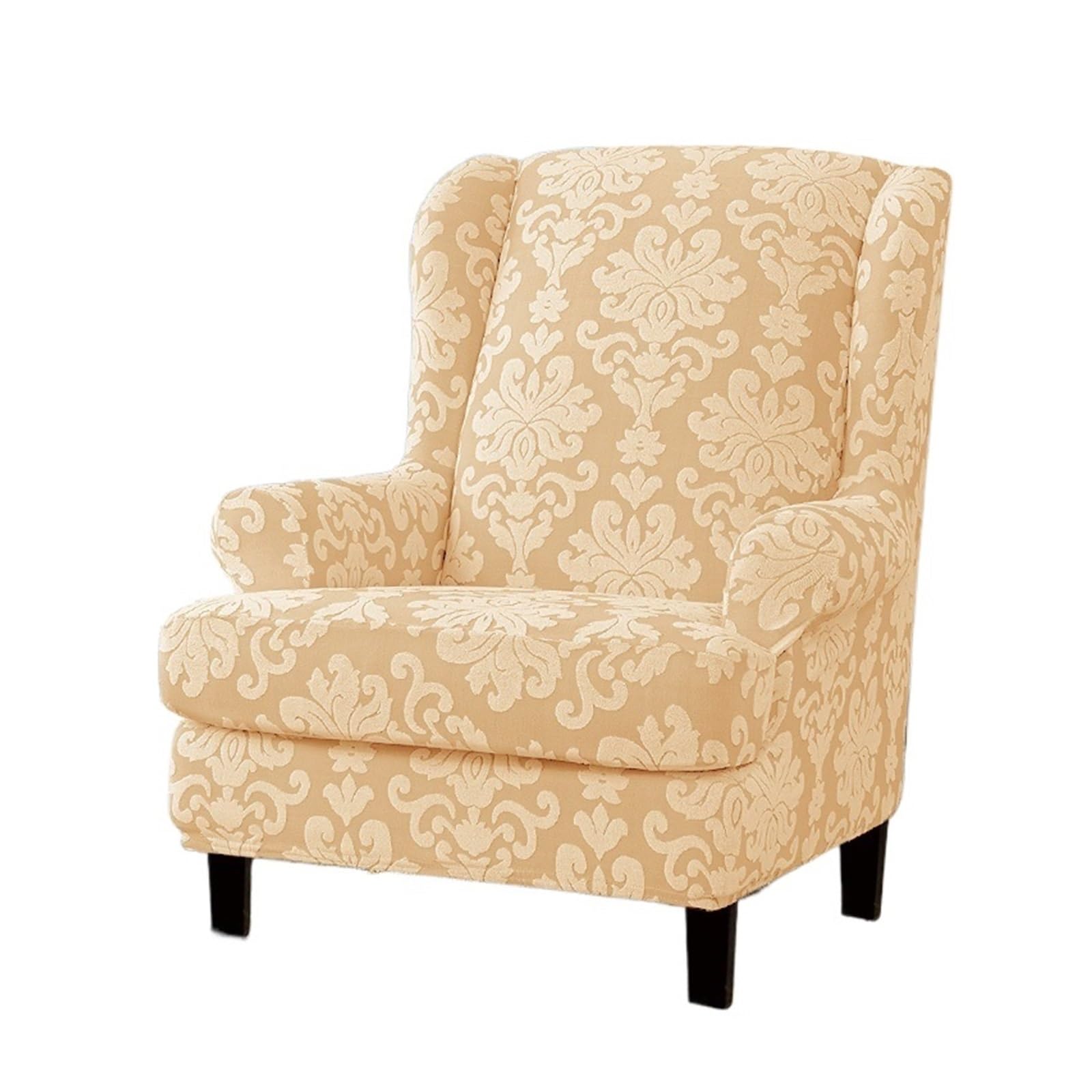 GCYEIDMA Wing Chair Slipcover Thicken Jacquard Floral Wing Back Chair Cover Stretch Sofa Armchair Slipcover Wingback Lounge Cushion(Apricot)