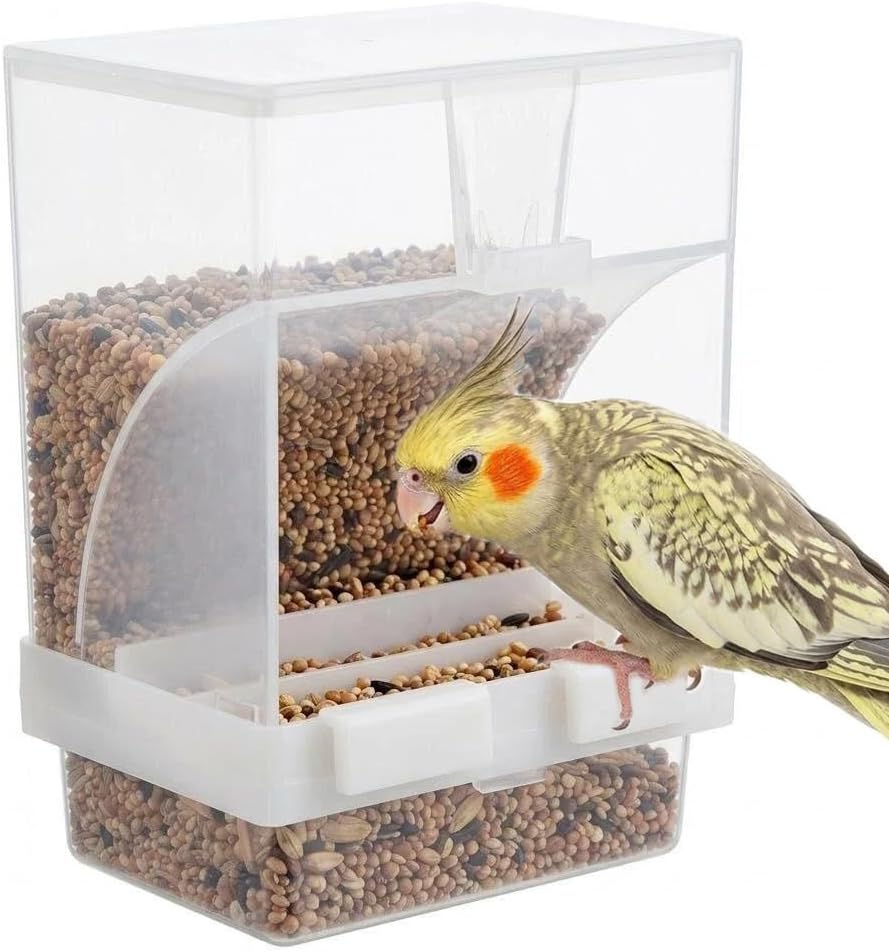 Hypeety Automatic Bird Feeder No Mess Parakeet Cage Seed Food Dispenser | Seed food container perch, anti-scatter design, auto clear acrylic food bowl, easy to hang and clean, for small/medium birds