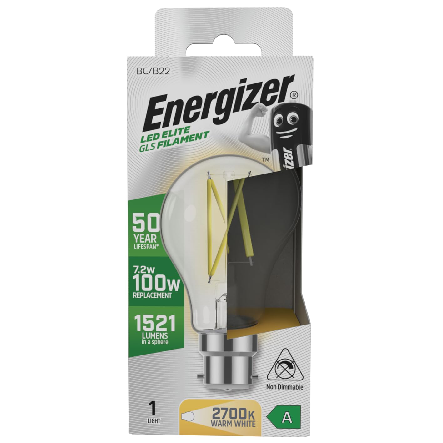 Energizer A Rated LED Elite GLS B22 Filament 1521lm 7.2W 2700K - Warm White Light Bulb