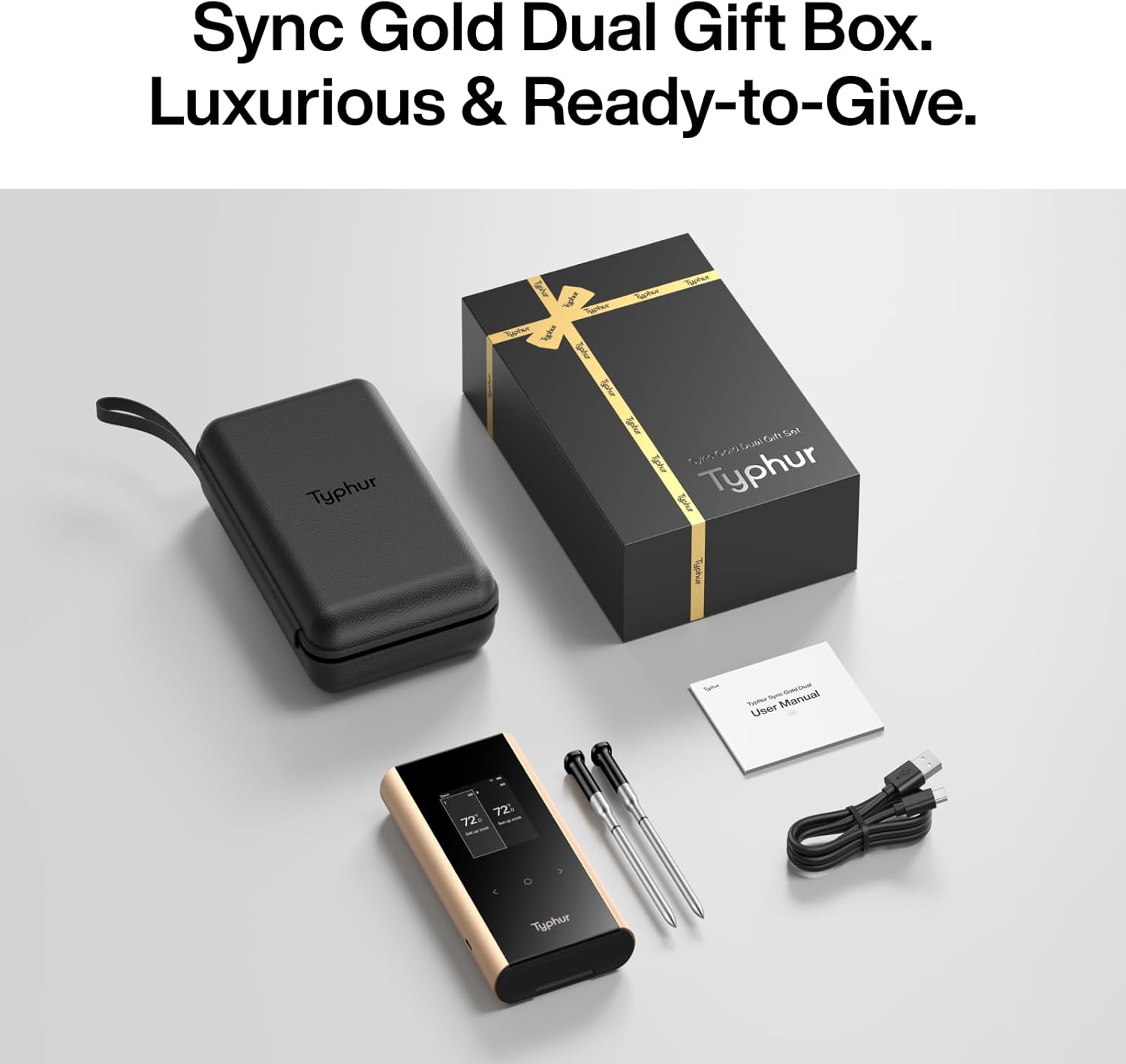 Typhur Sync Gold Dual Gift Set, WiFi Wireless Meat Thermometer with 2 Slim Probes & Storage Case, 6 Sensors, 10x Stronger Signal, Smart Base, ±0.5℉ Accuracy, Grill BBQ Christmas Gifts for Men