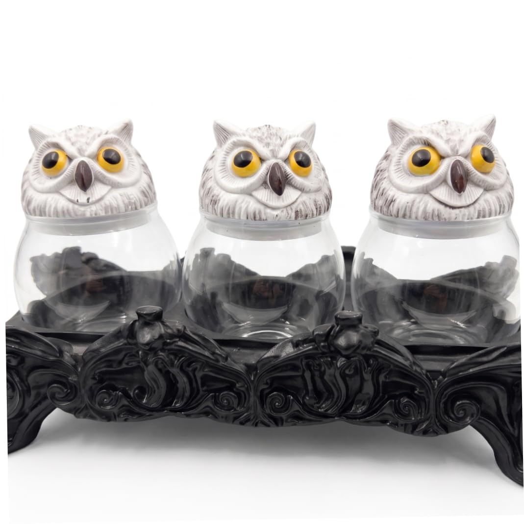 Bemonew Vintage Spice Jars, Apothecary Jars With Lids - Handcrafted Owl Design, Clear Glass Jar With Carved Resin Base, Black