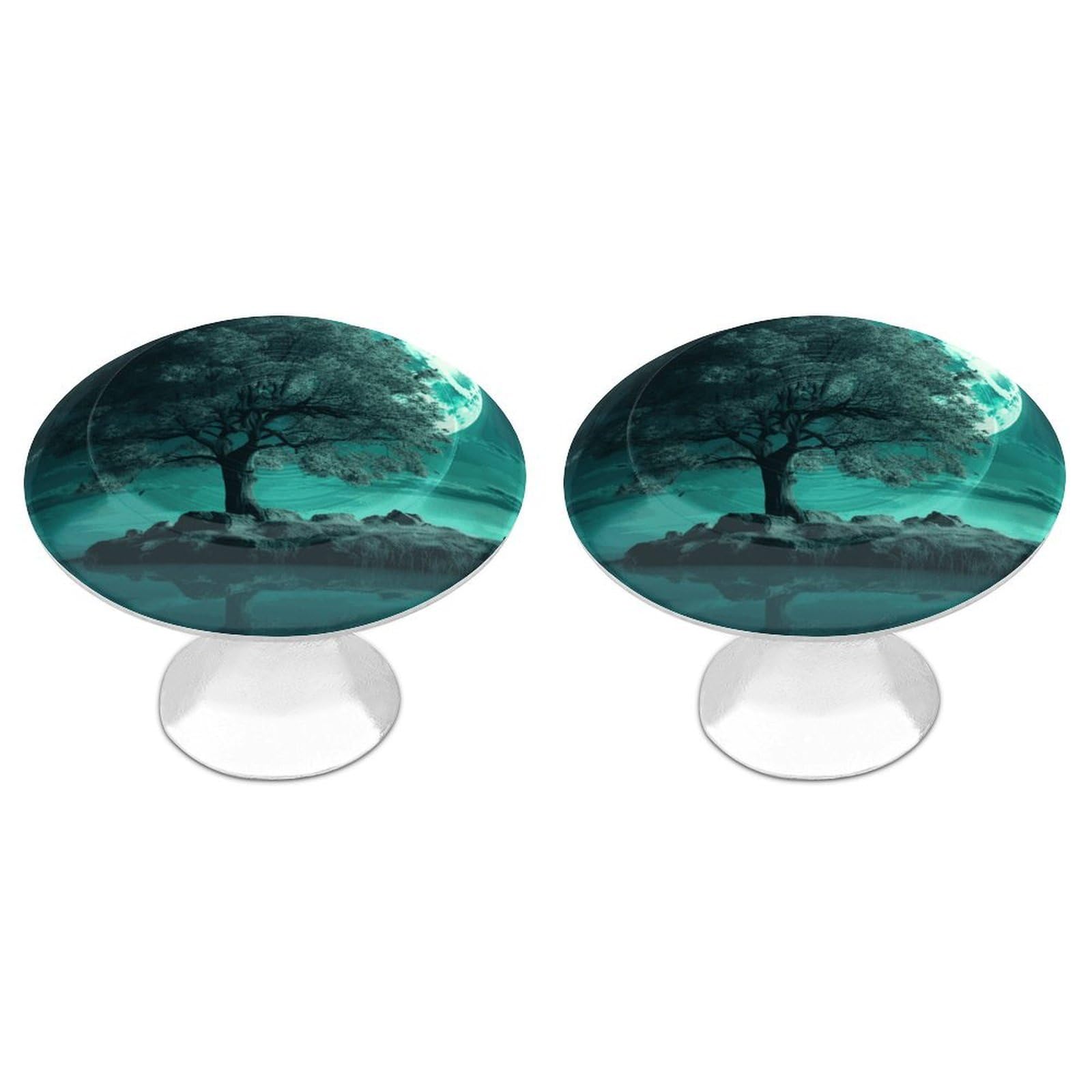 FekiLoot Teal Tree in Moonlight Cabinet Knobs 2 Pack Stainless Steel Round Dresser Drawer Knobs Kitchen Drawer Hardware Dresser Knob Closet Door Pulls Cabinet Handles for Cupboard Drawer Pulls