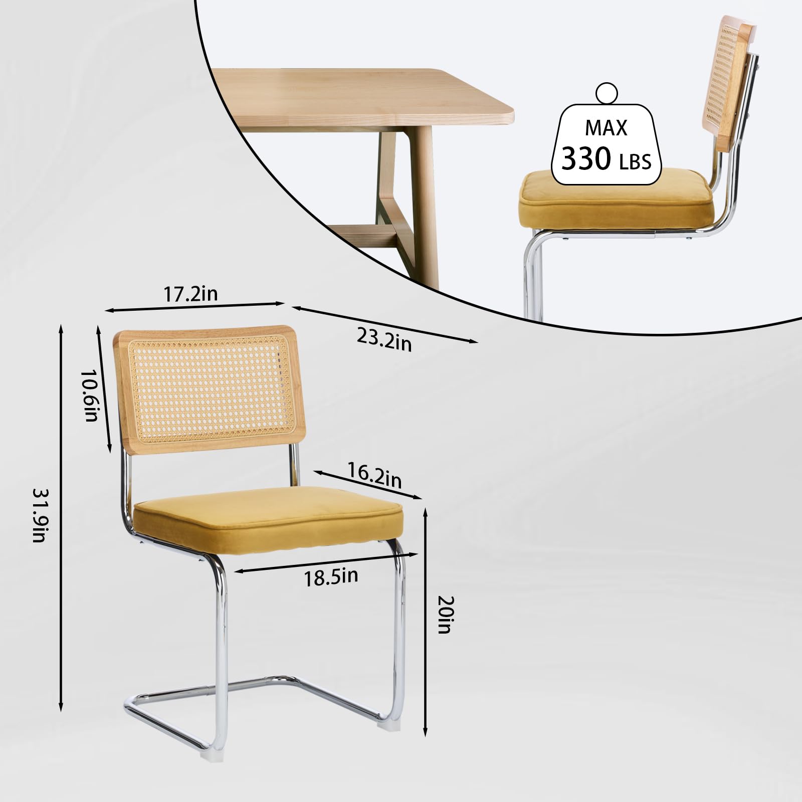 Juego de 2 sillas de Comedor Estilo Breuer con Respaldo de ratán y Estructura de Acero para Cocina e Isla Central (Terciopelo Dorado)