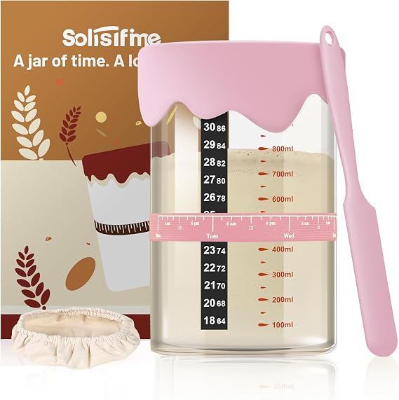 Pro Sourdough Starter Kit 34 Oz Glass Jar With Lid, Cloth Cover, Date Band, Temp Strip Sourdough Bread Baking Supplies, Glass Container, Pink