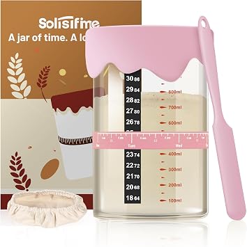 Pro Sourdough Starter Kit 34 Oz Glass Jar With Lid, Cloth Cover, Date Band, Temp Strip Sourdough Bread Baking Supplies, Glass Container, Pink