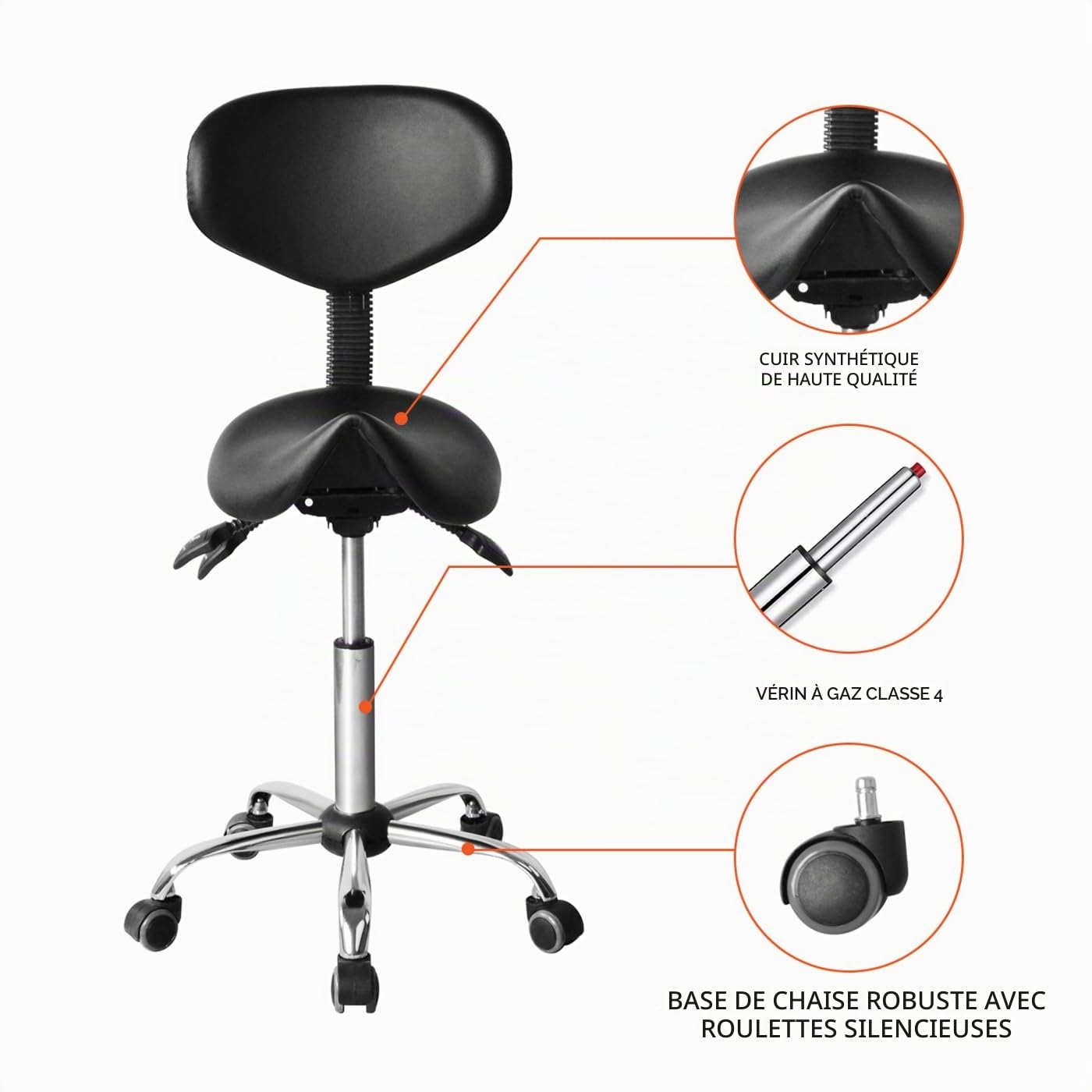VDD Tabouret Selle Ergonomique - Tabouret de Coiffure - Tabouret de Bar - Hauteur réglable - Dossier inc