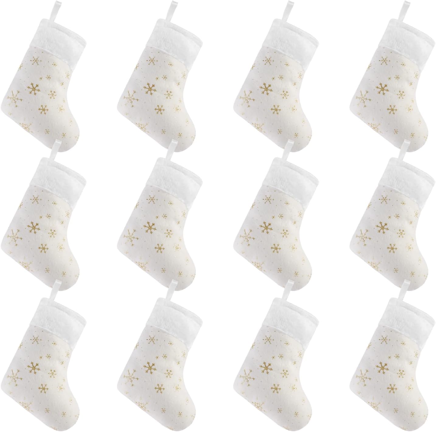 12 Pcs Mini Christmas Stockings,Small White Xmas Hanging Stocking with Glitter Golden Snowflake for Fireplace Christmas Tree Decoration