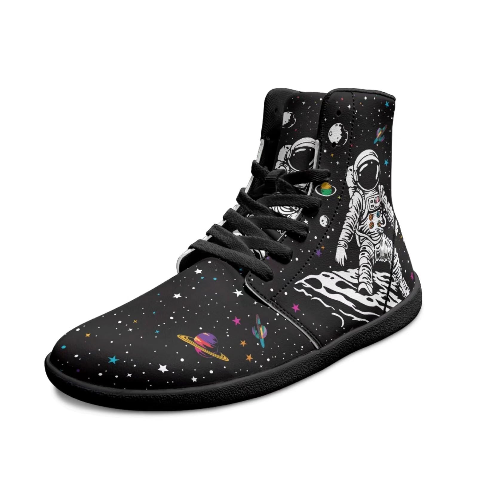 Binienty Mens Barefoot Shoes High Top Minimalist Galaxy Astronaut PU Leather Walking Shoes Lightweight Comfort Wide Toe Flat Sneakers Non Slip Casual Running Sneakers Zero Drop Sole US 9