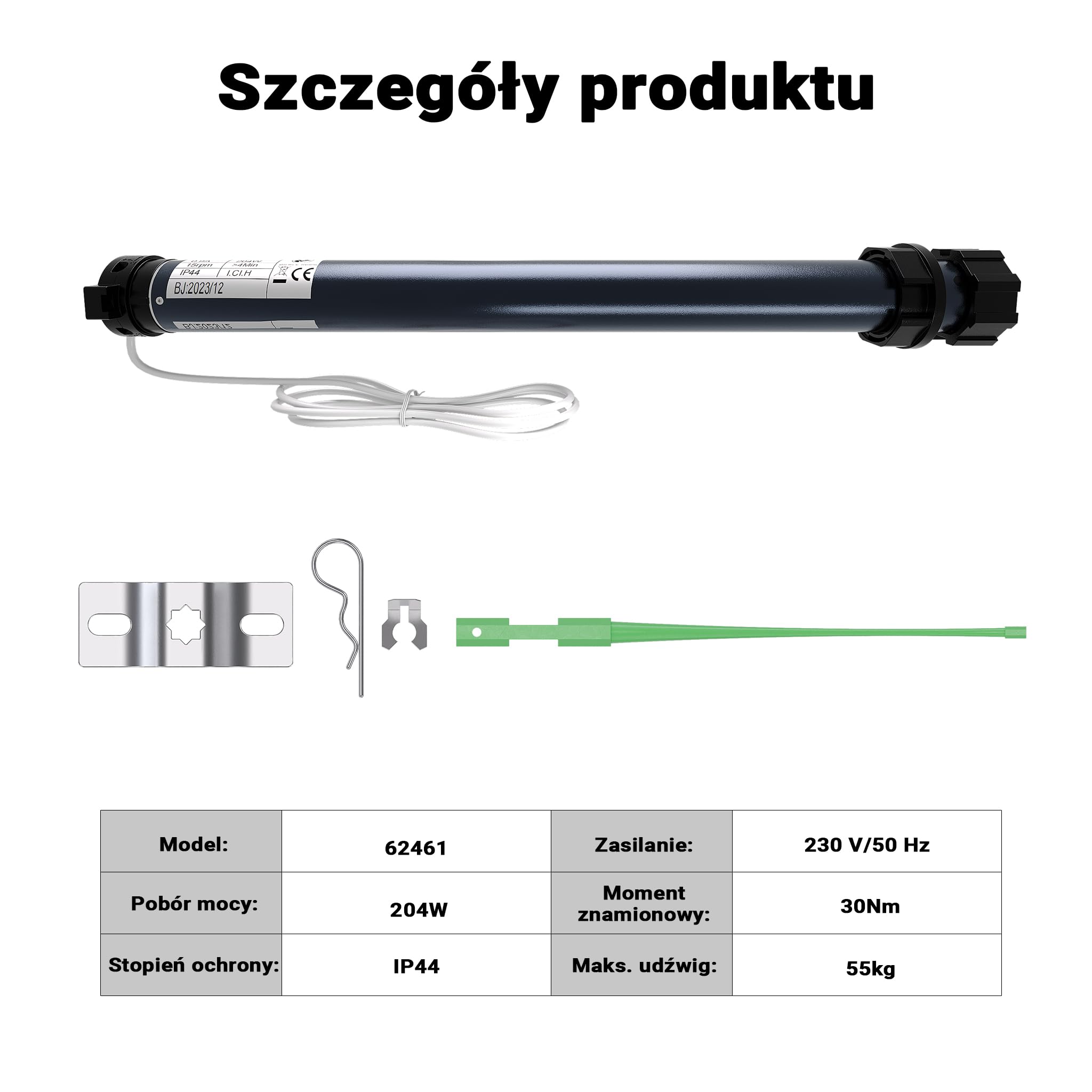 Silnik do rolet Wiltec 204 W 30 Nm z mechanicznym wyłącznikiem krańcowym i stopniem ochrony IP44 SW60, silnik do rolet elektrycznych