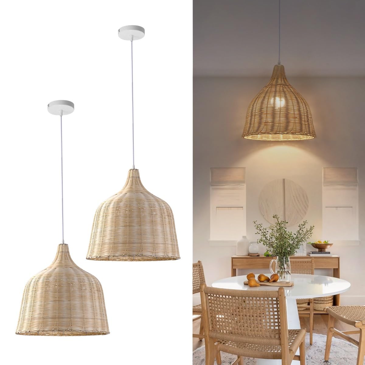 Lámpara Colgante de Mimbre, Lampara Techo Colgante Dormitorio de Ratan, Iluminación Colgante Rústica, Lámpara Colgante Cuerda Vintage E27 para Isla Cocina, Dormitorio, Comedor, Salón(Natural,26*26cm)