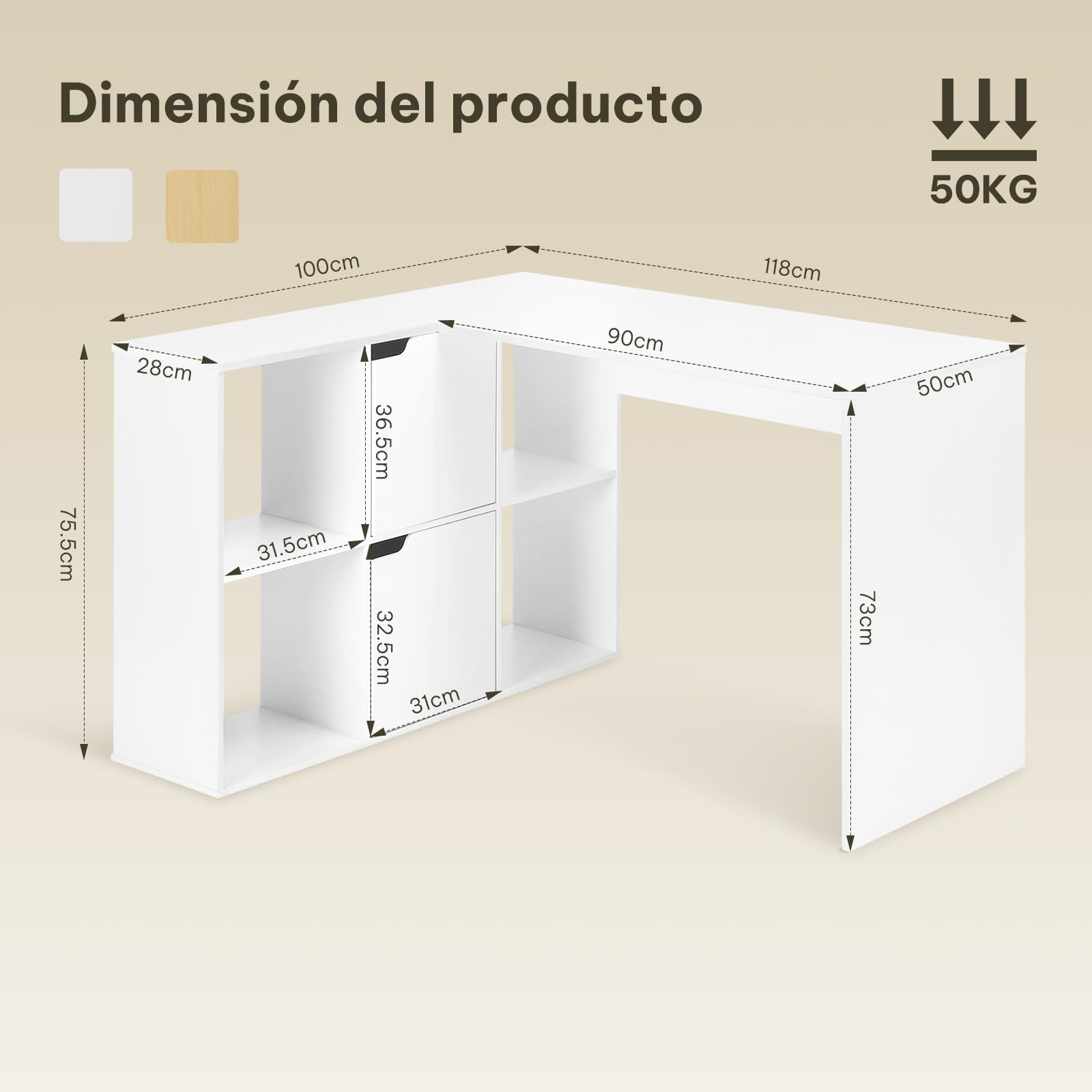 eSituro Escritorio Esquinero en L, 120x100x75 cm, Blanco | 6 Compartimentos, Ahorro de Espacio, para Oficina, Dormitorio y Estudio