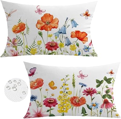 Waterproof Lumbar Pillows Covers 12x20, Outdoor Spring Summer Poppy Birds Pillowcase for Patio Porch, Rectangle Flower Cushion Covers for Sofa Couch Home Seasonal Decoration, 2 Pack
