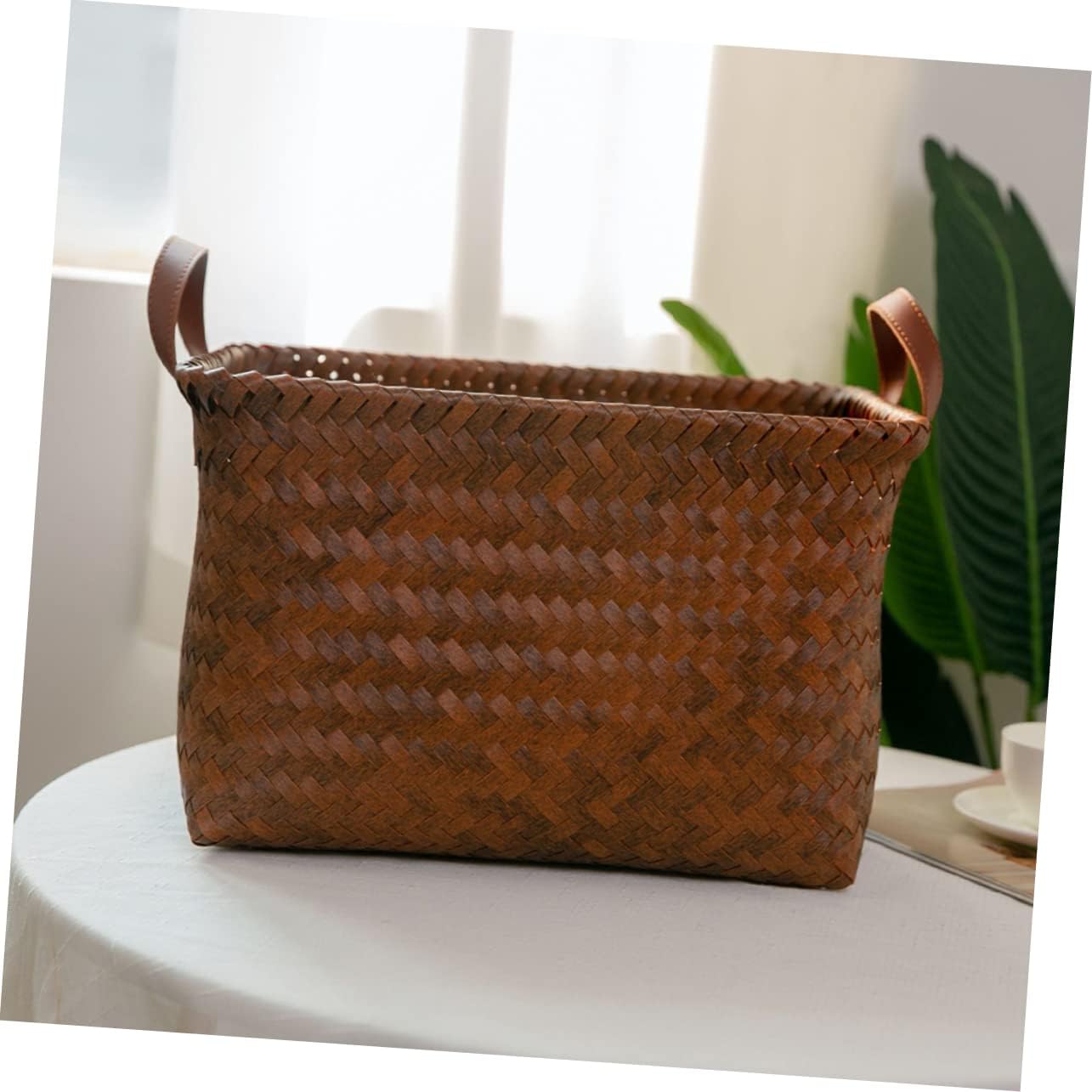 Ciieeo Imitation Rattan Laundry Basket with Leather Handles Medium Storage Container for Snacks Clothes Smooth Surface Home Organizer for Bathroom Nursery Bedroom Living Room Use