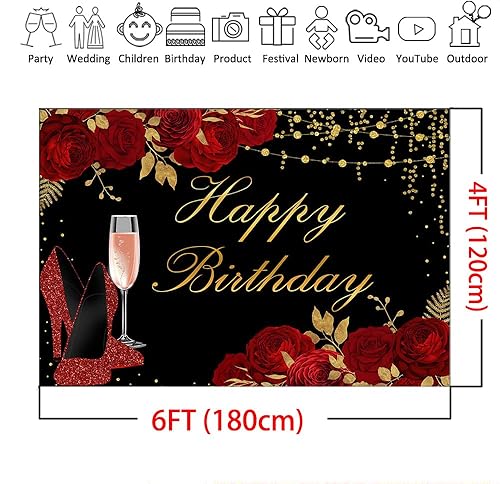 Miniatura 4 de Mocsicka Telón de fondo rojo y negro con purpurina para mujer, de tacón alto, rosa roja, decoración de cumpleaños, decoración de fiesta de feliz