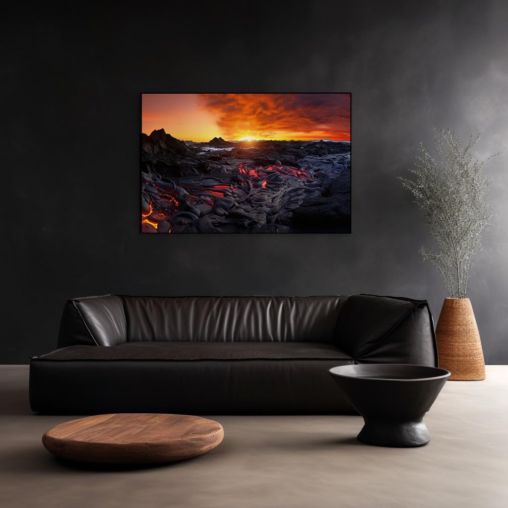 Canvas for Living room. Igniting the Horizon: A Dance of Fire and Light Across the Volcanic Terrain, 27 x 18 inch Canvas Wall Art - Contemporary Masterpieces - Modern Home Decor