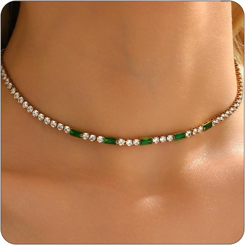 Tennis Necklaces for Women 18K Gold Plated White Red Green Blue Cubic Zirconia Necklaces Dainty Rhinestone Choker Necklaces Trendy Faux Diamond Tennis Chain 3mm