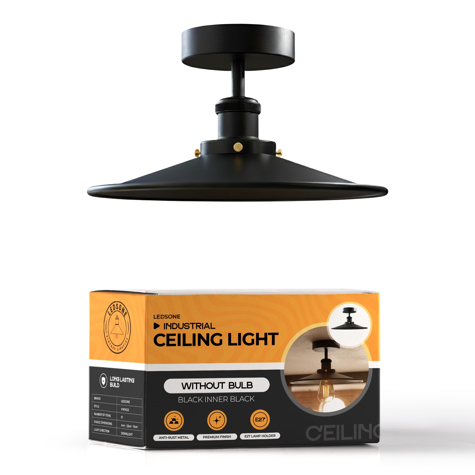 Vintage E27 Flush Fitting Ceiling Light with 22cm Black Lampshade Easy Fit Anti Rust Premium Quality Metal LED Semi Flush Mount Lighting Chandelier for Kitchen Hallway Living Room EPC A+ — image 1