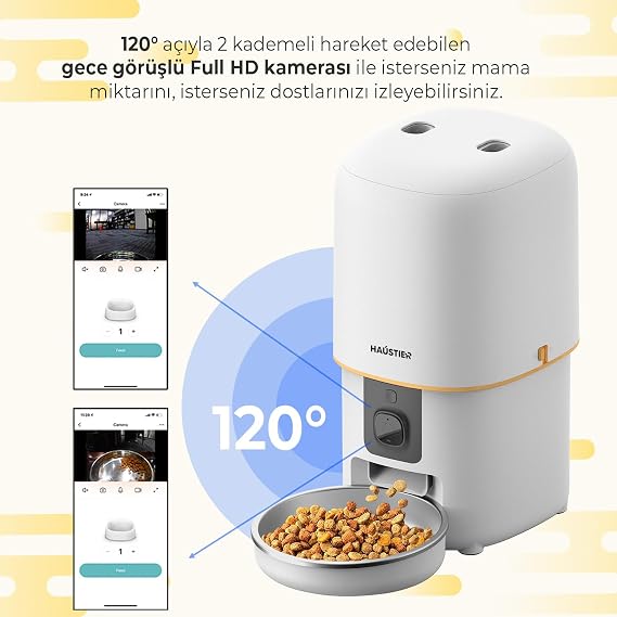 Haustier PF05 Beyaz Kameralı 1080P FHD Gece Görüş Akıllı Otomatik Kedi Mama Kabı, Tuya App-Wifi Uzaktan Kontrol, Sesle Çağırma, 2.4Ghz-5Ghz, 4Lt hazne, Metal Kase