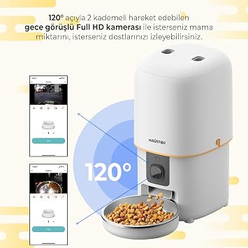Haustier PF05 Beyaz Kameralı 1080P FHD Gece Görüş Akıllı Otomatik Kedi Mama Kabı, Tuya App-Wifi Uzaktan Kontrol, Sesle Çağırma, 2.4Ghz-5Ghz, 4Lt hazne, Metal Kase