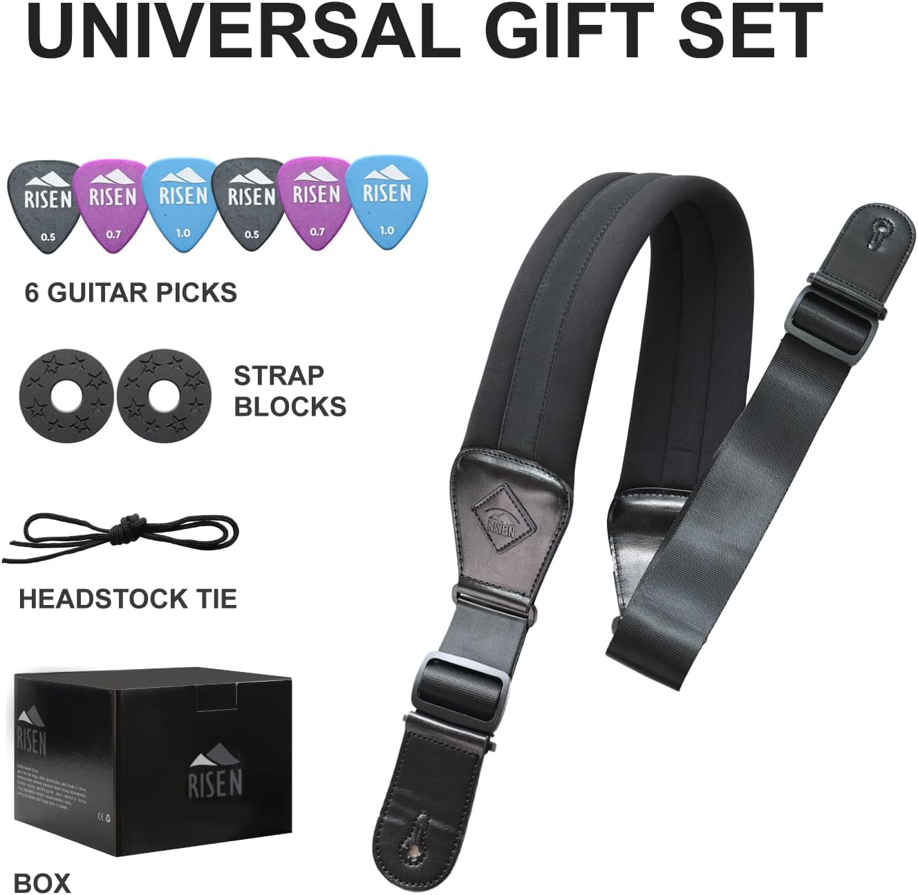 RISEN RS200 Guitar Strap for Electric Guitar & Bass – 3" Wide Padded Neoprene with Sponge Padding Black Soul