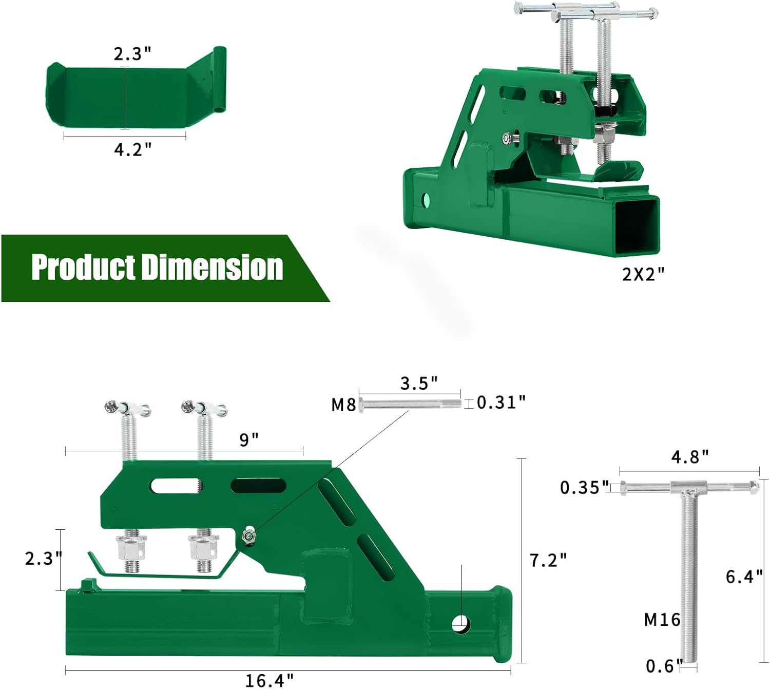 Green Bucket Trailer Hitch Attachment,2025 New Upgraded Clamp on Tractor Bucket Hitch 2" Receiver, Non-Slip Trailer Adapter Mount for Kubota Deere Bobcat