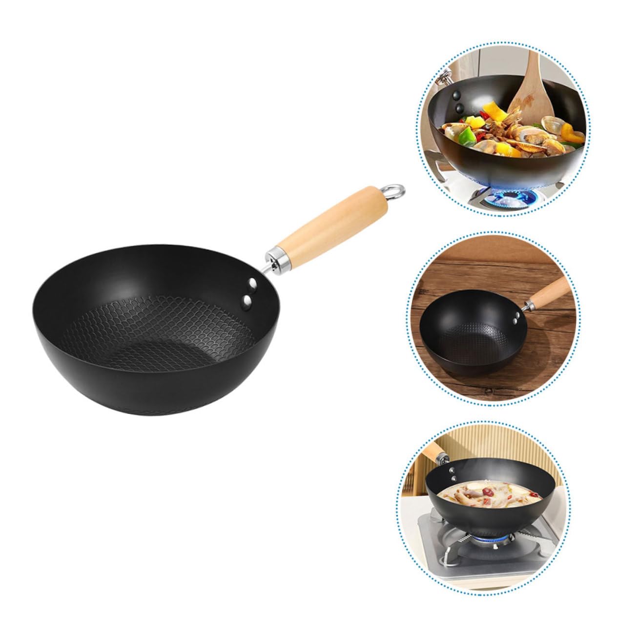 Kleiner Wokpfanne ohne Beschichtung Flacher Boden für Induktionsherd und Herdarten aus Eisen mit Holzgriff zum Kochen und Dünsten