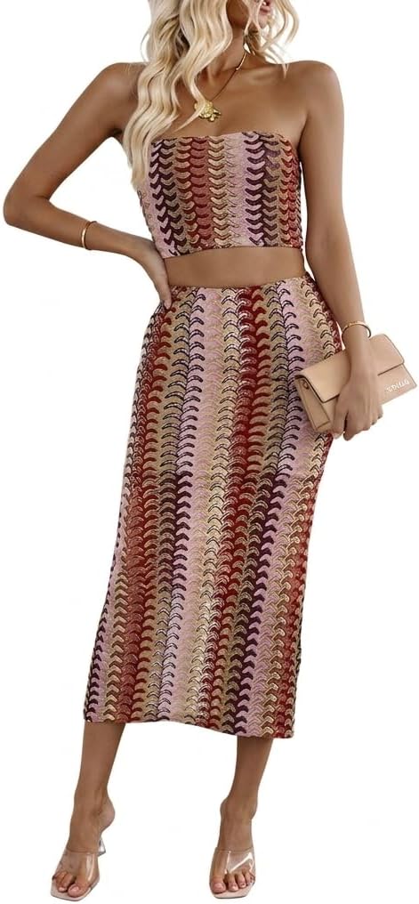 Narecte Two Piece Sets for Women Going Out Boho Knit Tube Top and Maxi Skirt Set