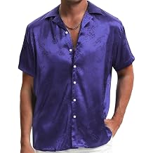 TUNEVUSE Men Satin Shirt Shiny Short Sleeve Floral Button Down Jacquard Dress Summer Solid Shirt Tops S-5XL