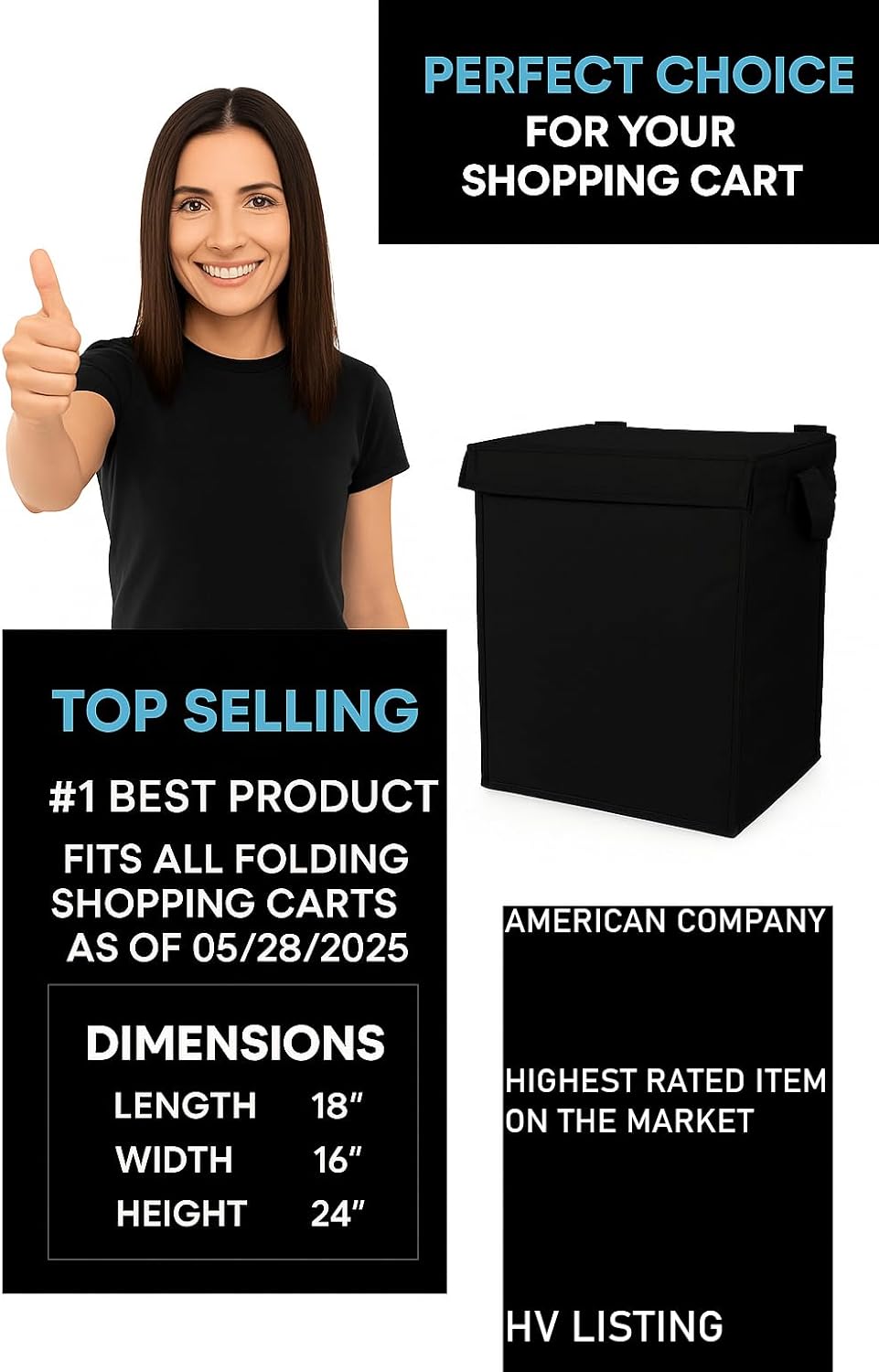 Jumbo Waterproof Shopping Cart Liner, 600D Oxford for Groceries and Laundry Bag — Universal Size Fit for Folding Shopping Carts— Zipper Closure