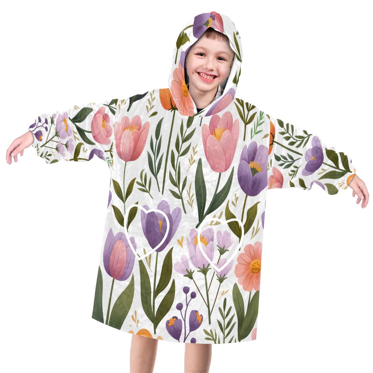 Wearable Blanket Hoodie for Kids, Graffiti Tulip Fleece Sweatshirt Blanket Oversized Blanket Sweatshirt with Pocket Flannel Warm Hooded Blanket 6-10 Year Old Girl Boy Gift, One Size