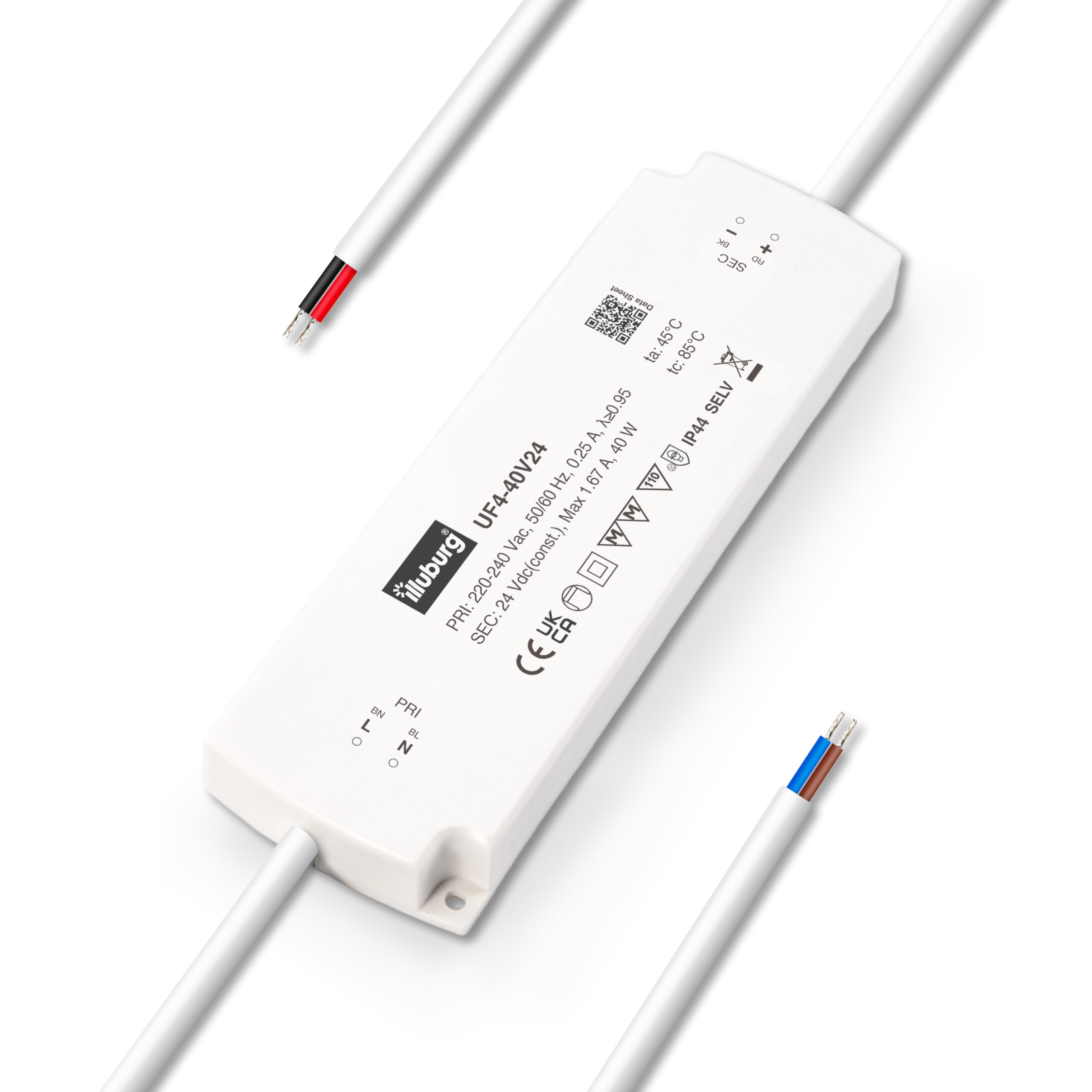 illuburg LED Driver 24V 40W Waterproof IP44 Flat Flickerfree for LED Strip Light LED Power Supply Transformer
