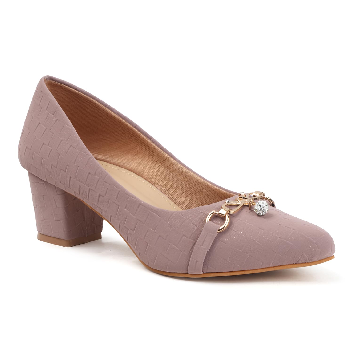 Elegant Beige Block Heels Bellie for Women | Textured Slip-On Pumps with Chain & Crystal Detail | Comfortable Office Fashion Heels-image-49