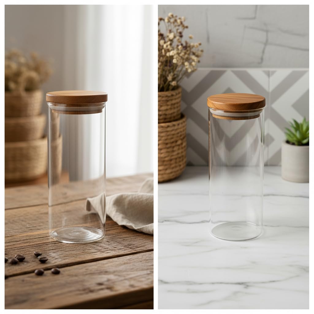 Deconox Doğal Akasya Ahşap Kapaklı Borosilikat Cam Kavanoz - 350 ml Vakumlu Yuvarlak Baharatlık, Çay ve Kahve Saklama Kabı