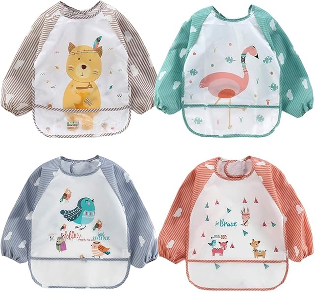 ElecMotive Pack of 2 Waterproof Sleeve Bibs Baby Bibs Children's Bibs with Collection Pocket for 6-36 Months