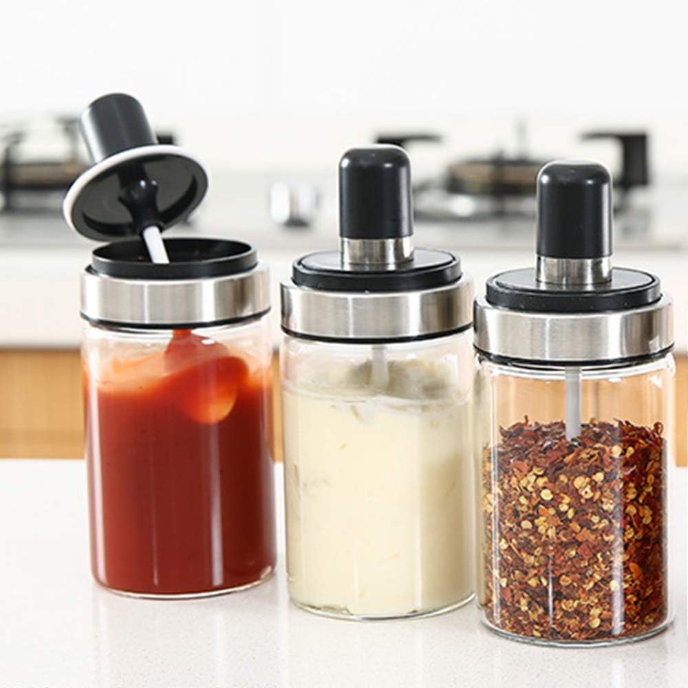 TENTA KITCHEN 3 High Borosilicate Glass Spice Jars Seasonning Box Jar Condiment Jar, Combination Spoon and Lid Design, Premium Commercial Grade, Empty Jars 8.45 oz, Airtight Cap