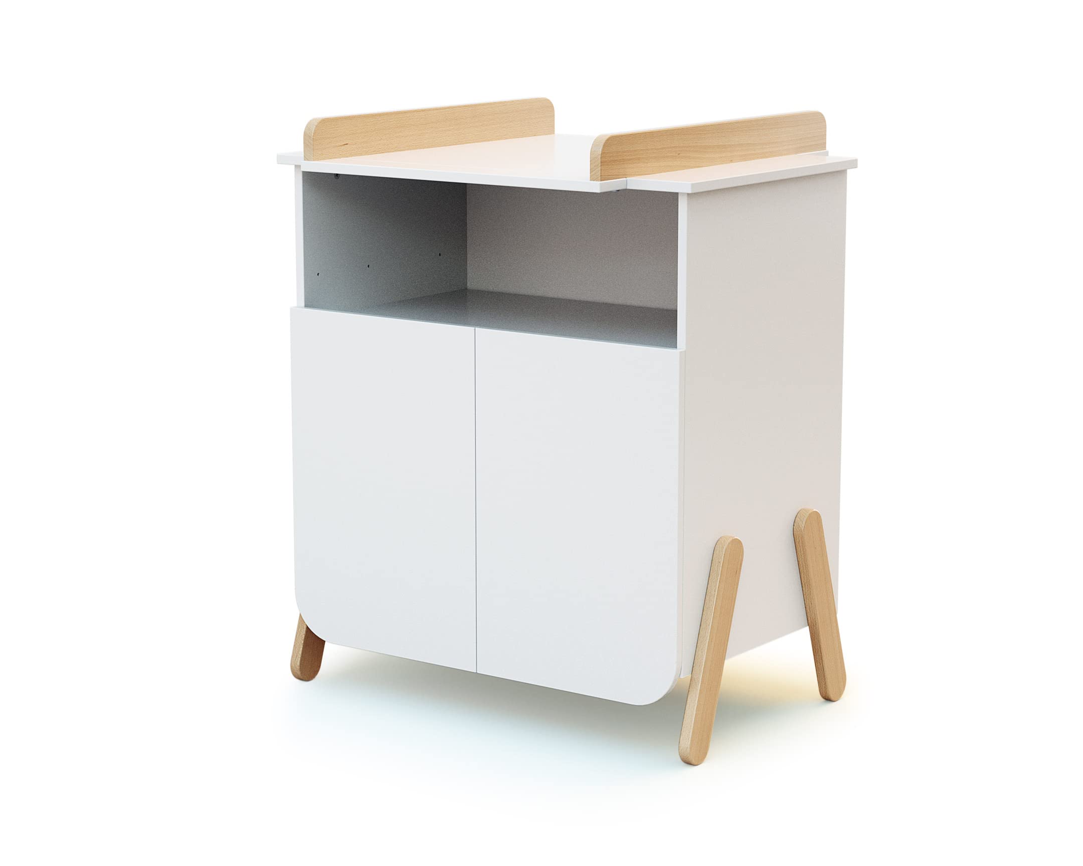 AT4 - Chambre PIRATE Blanc et Hêtre Verni | Lit bébé 60x120 | Armoire 6 étagères dont 4 réglables et une penderie | Plan à langer inclus
